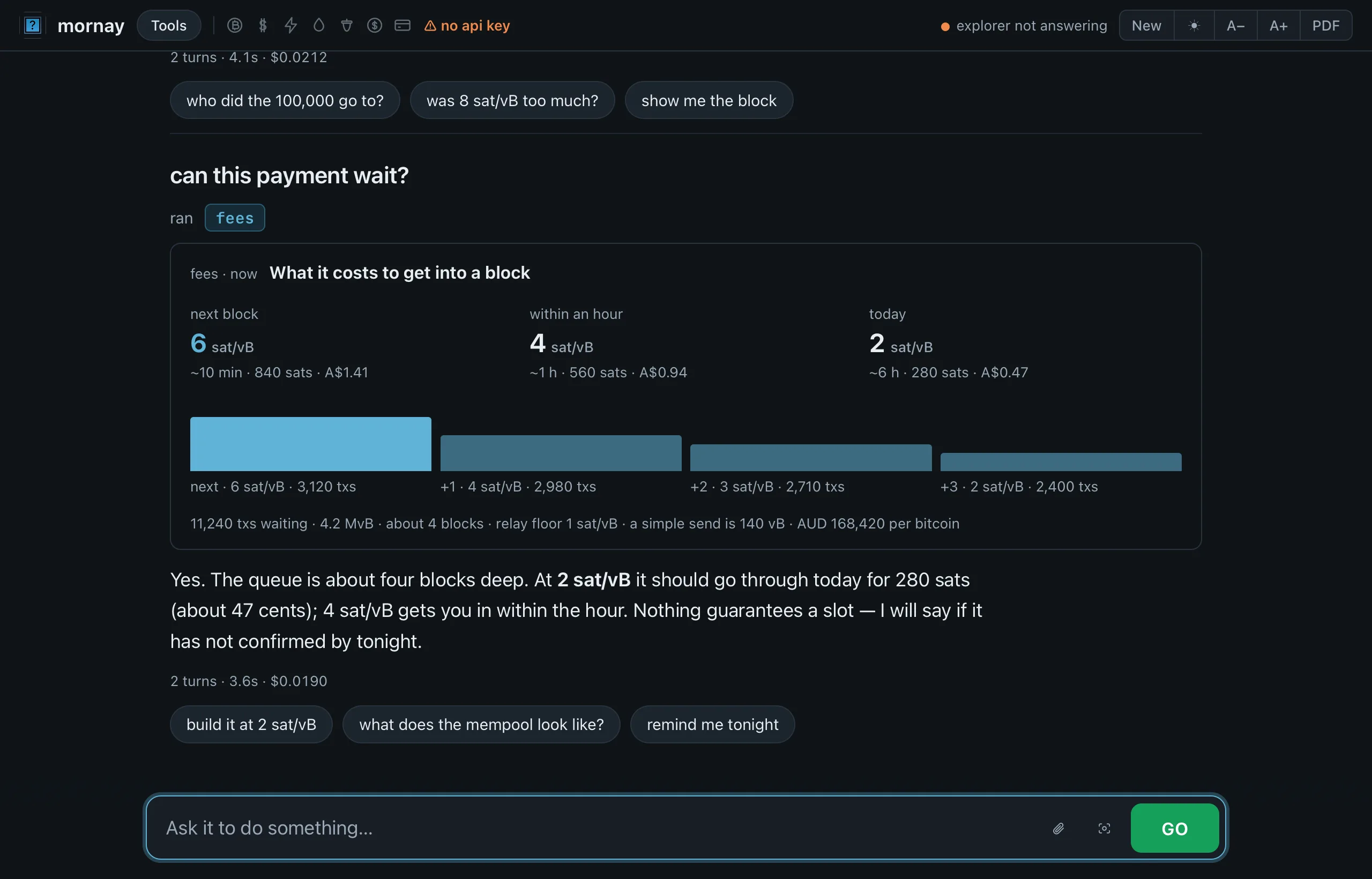 mornay on a Mac: the question “can this payment wait?” answered with a fee card showing three fee rates, the queue of coming blocks and a plain-English reply