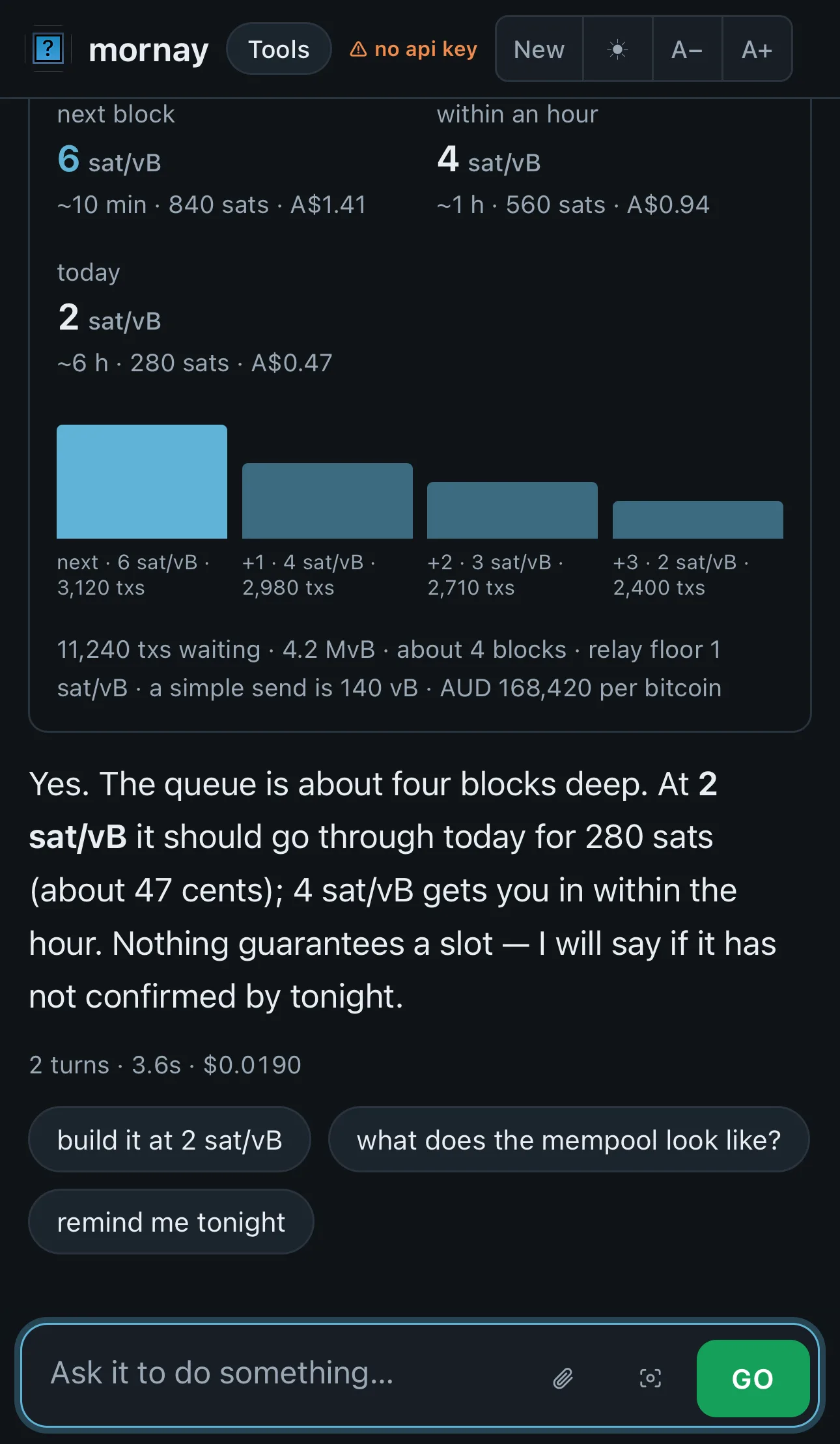 The same fee answer on an iPhone, with follow-up questions offered as chips